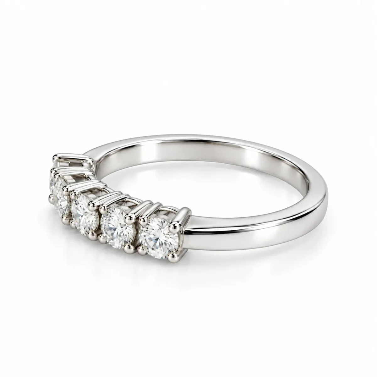 Five Wishes Moissanite Diamond Ring right side angle showing five round-cut Moissanite stones with polished silver-tone band and secure prong settings.