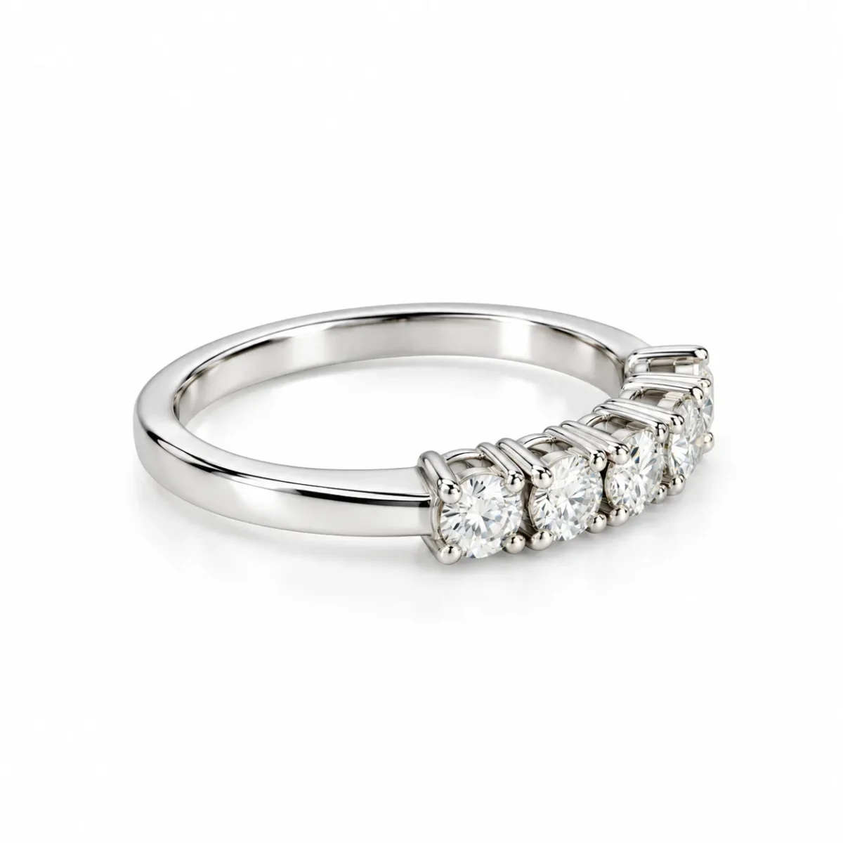 Five Wishes Moissanite Diamond Ring left side view featuring five brilliant round Moissanite stones and a smooth polished silver-tone band.