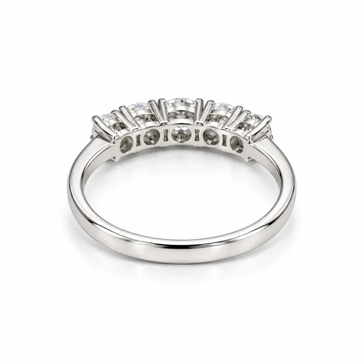 Back view of Five Wishes Moissanite Diamond Ring showing polished silver-tone band and open-back settings beneath five round Moissanite stones.