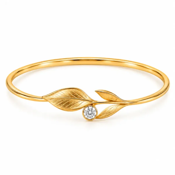 18K gold botanical leaf lab grown diamond bracelet for women with round solitaire diamond