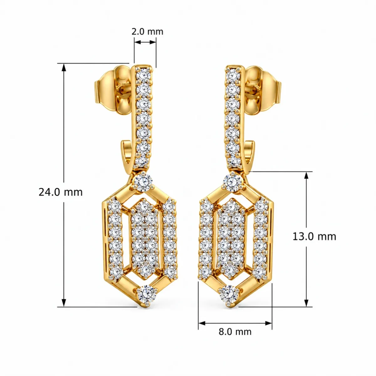 18K Gold Hexagon Lab Grown Diamond Dangle Earrings for Women - Image 3