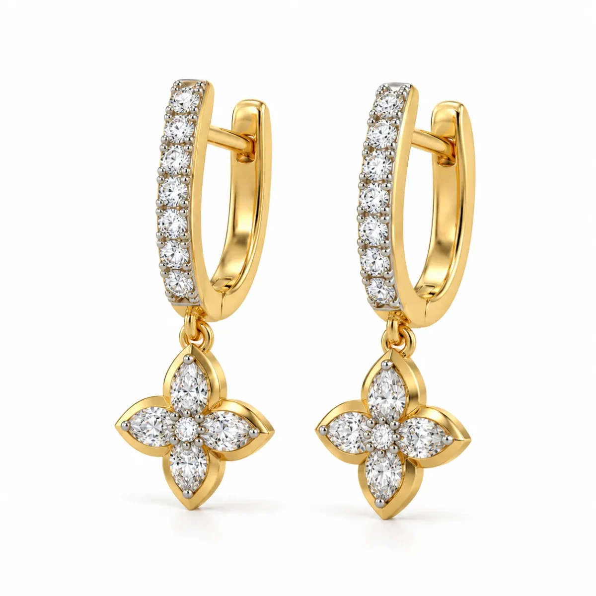 18K Gold Marquise Cut Lab Grown Diamond Floral Drop Earrings for Women - Image 2