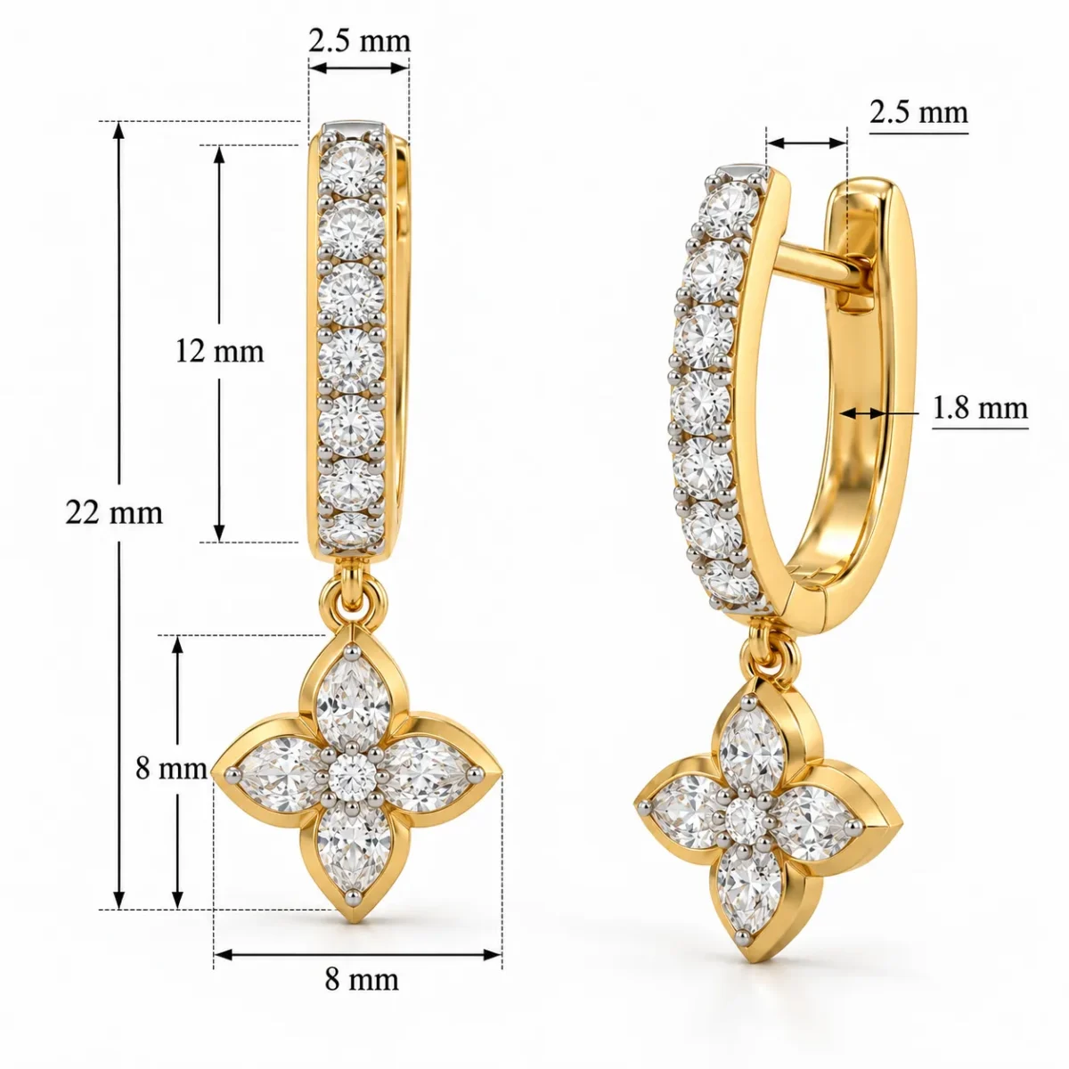 18K Gold Marquise Cut Lab Grown Diamond Floral Drop Earrings for Women - Image 3