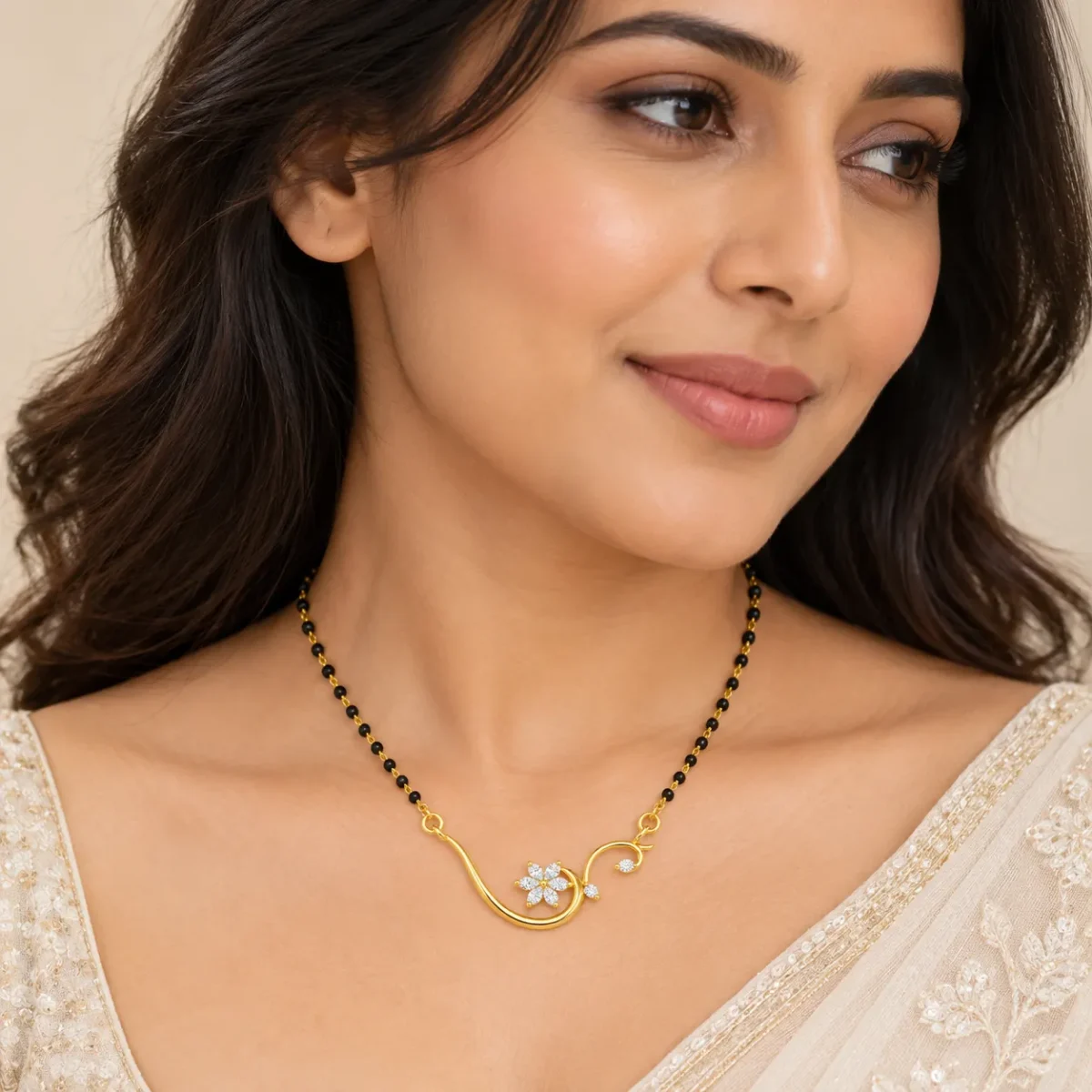 18K Gold Floral Swirl Lab-Grown Diamond Mangalsutra - Image 4