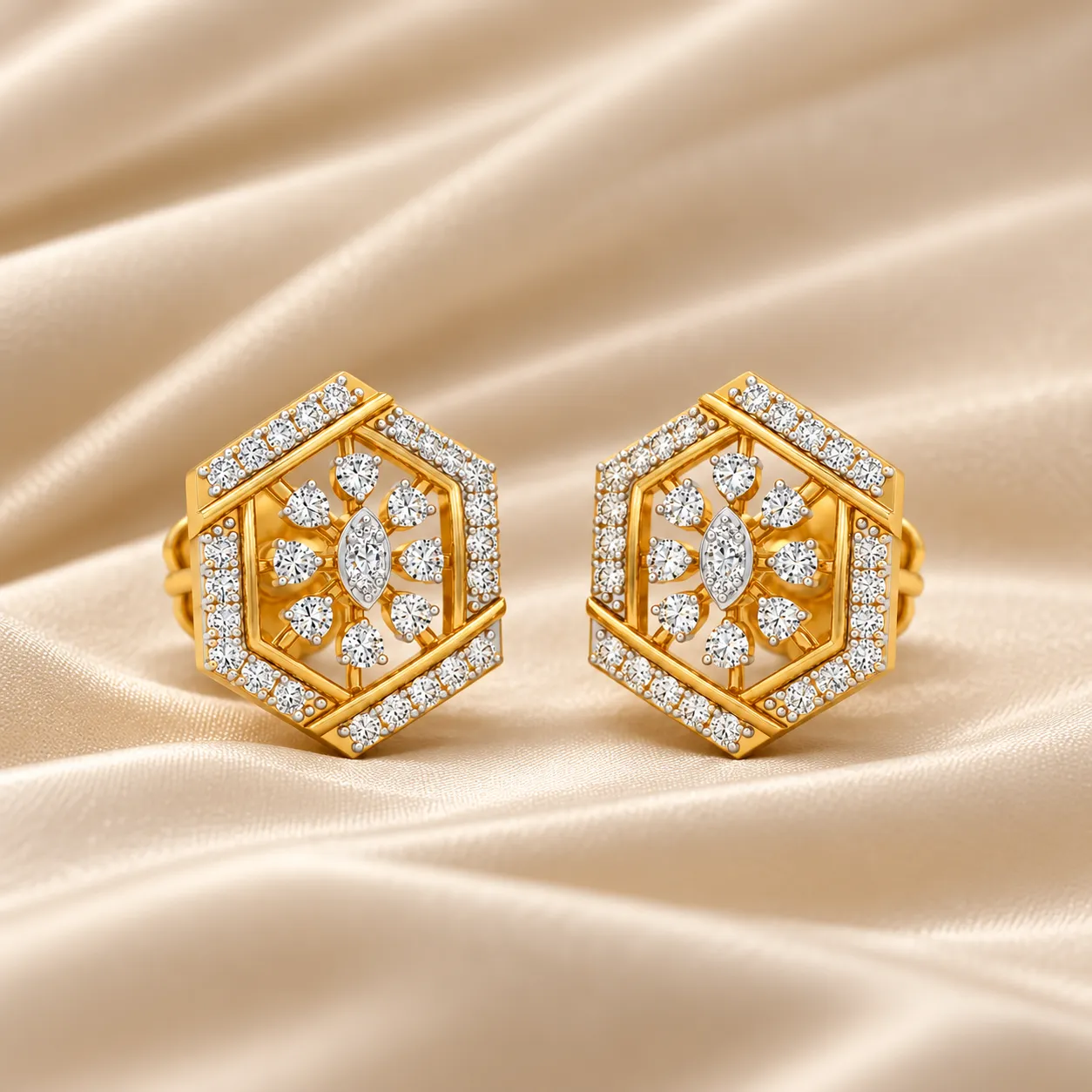 Hexagon lab grown diamond stud earrings in yellow gold featuring sparkling round and marquise shaped diamonds with a geometric floral design.