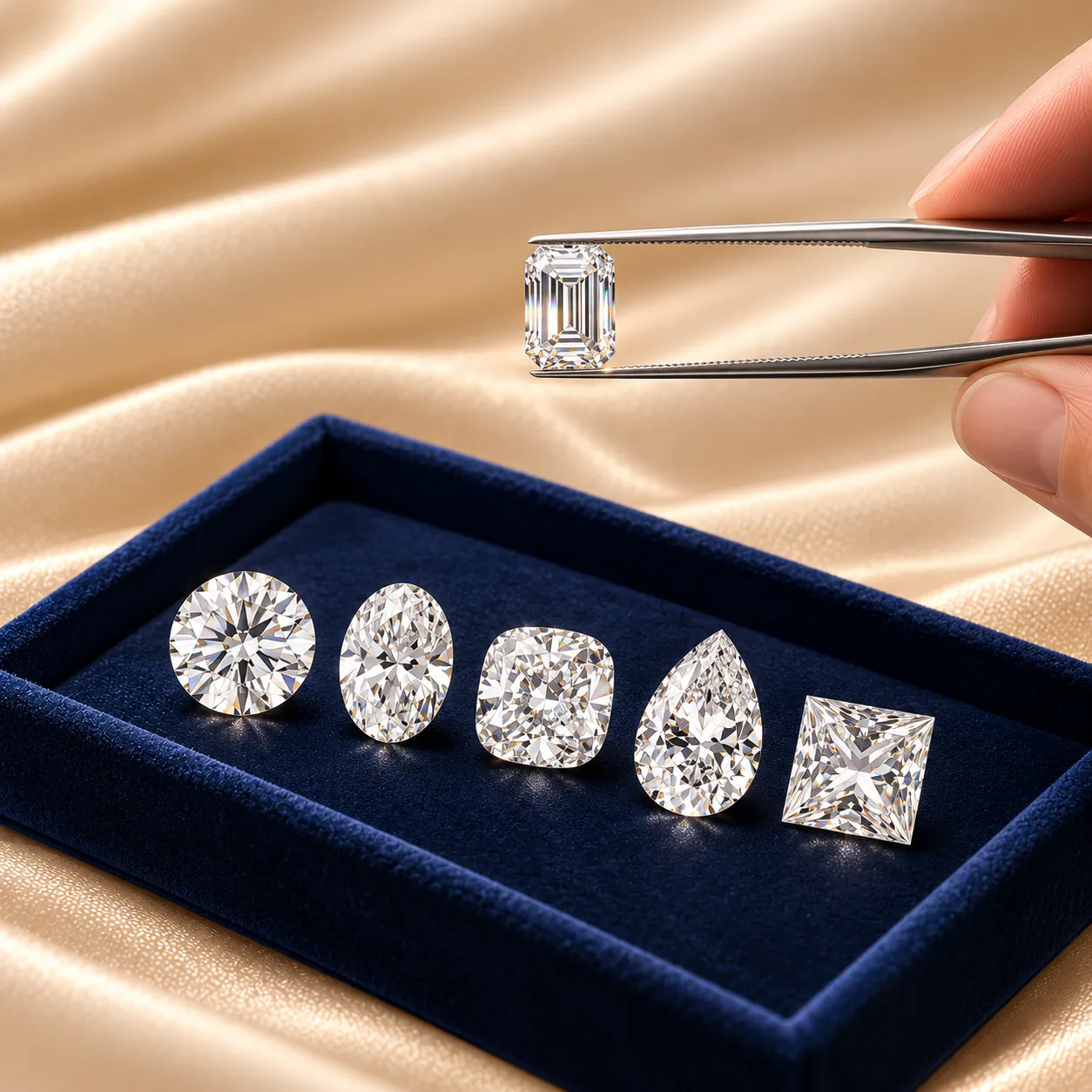 Loose lab grown diamonds in round, oval, cushion, pear, princess and emerald cuts displayed in a luxury navy blue jewellery tray with diamond tweezers.