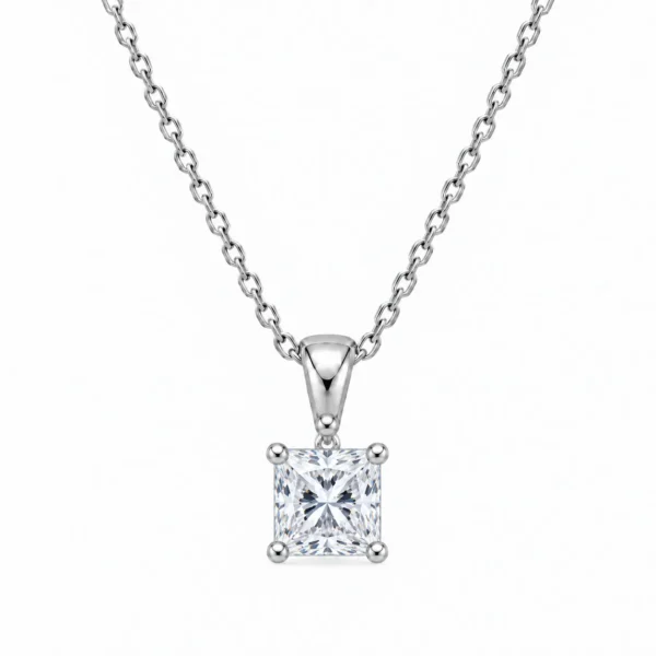 925 Sterling Silver Princess Cut Solitaire Moissanite Pendant for Women with Four-Prong Setting