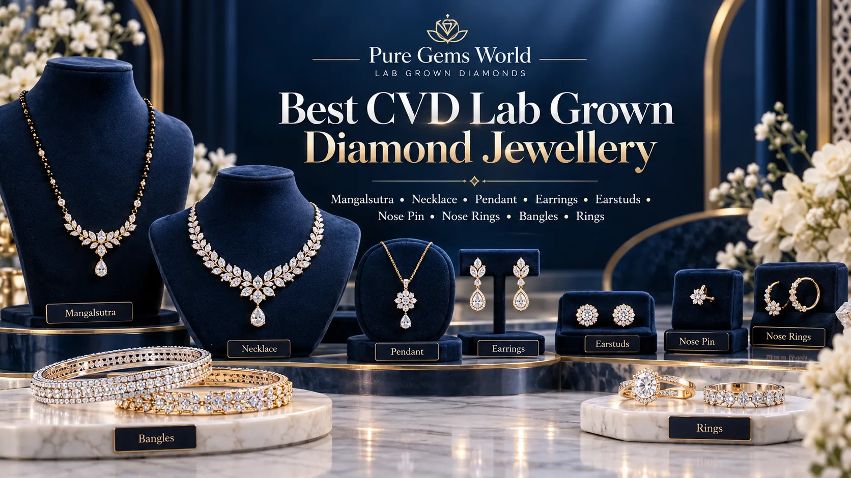 Best CVD lab grown diamond jewellery collection at Pure Gems World featuring diamond mangalsutra, necklace, pendant, earrings, earstuds, nose pins, nose rings, bangles and rings in elegant gold designs.