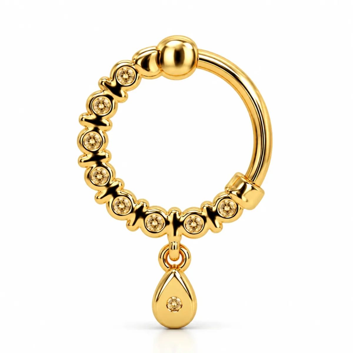 Back view of Luna Drop Lab Grown Diamond Nose Ring featuring yellow gold hoop, diamond settings and dangling teardrop charm.