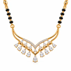 Elegant pear shape lab grown diamond mangalsutra in yellow gold featuring sparkling pear and round cut diamonds with traditional black beads.