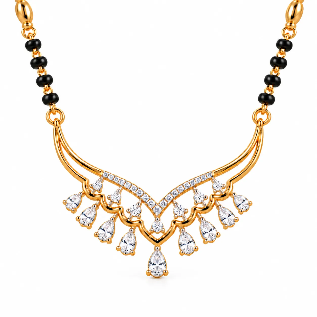 Elegant pear shape lab grown diamond mangalsutra in yellow gold featuring sparkling pear and round cut diamonds with traditional black beads.