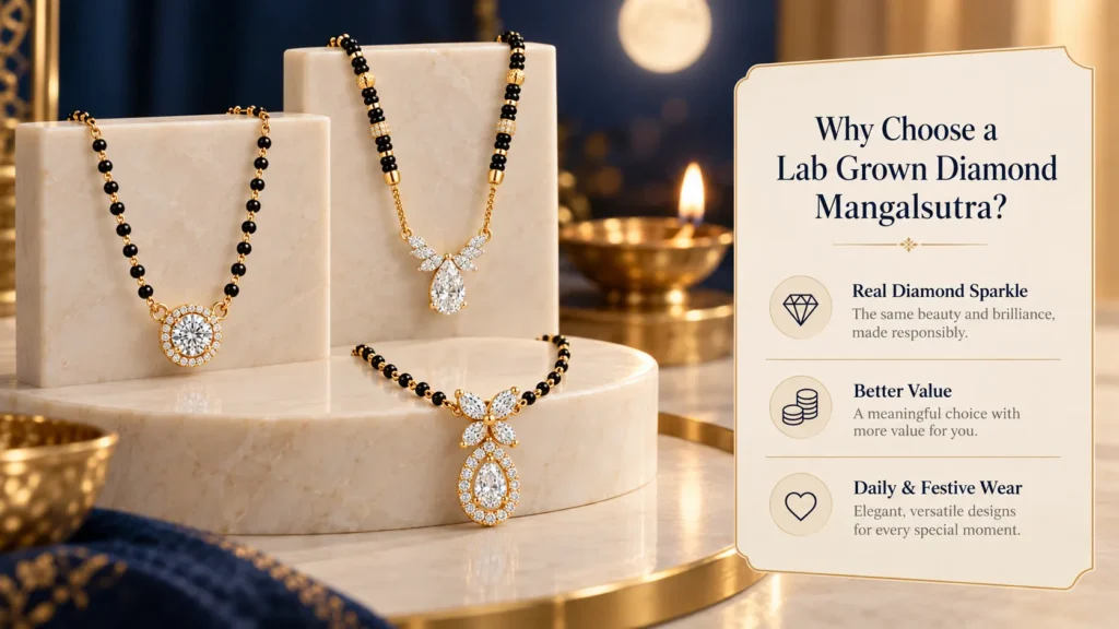 Lab grown diamond mangalsutra designs featuring gold chains with black beads and sparkling diamond pendants displayed on marble stands