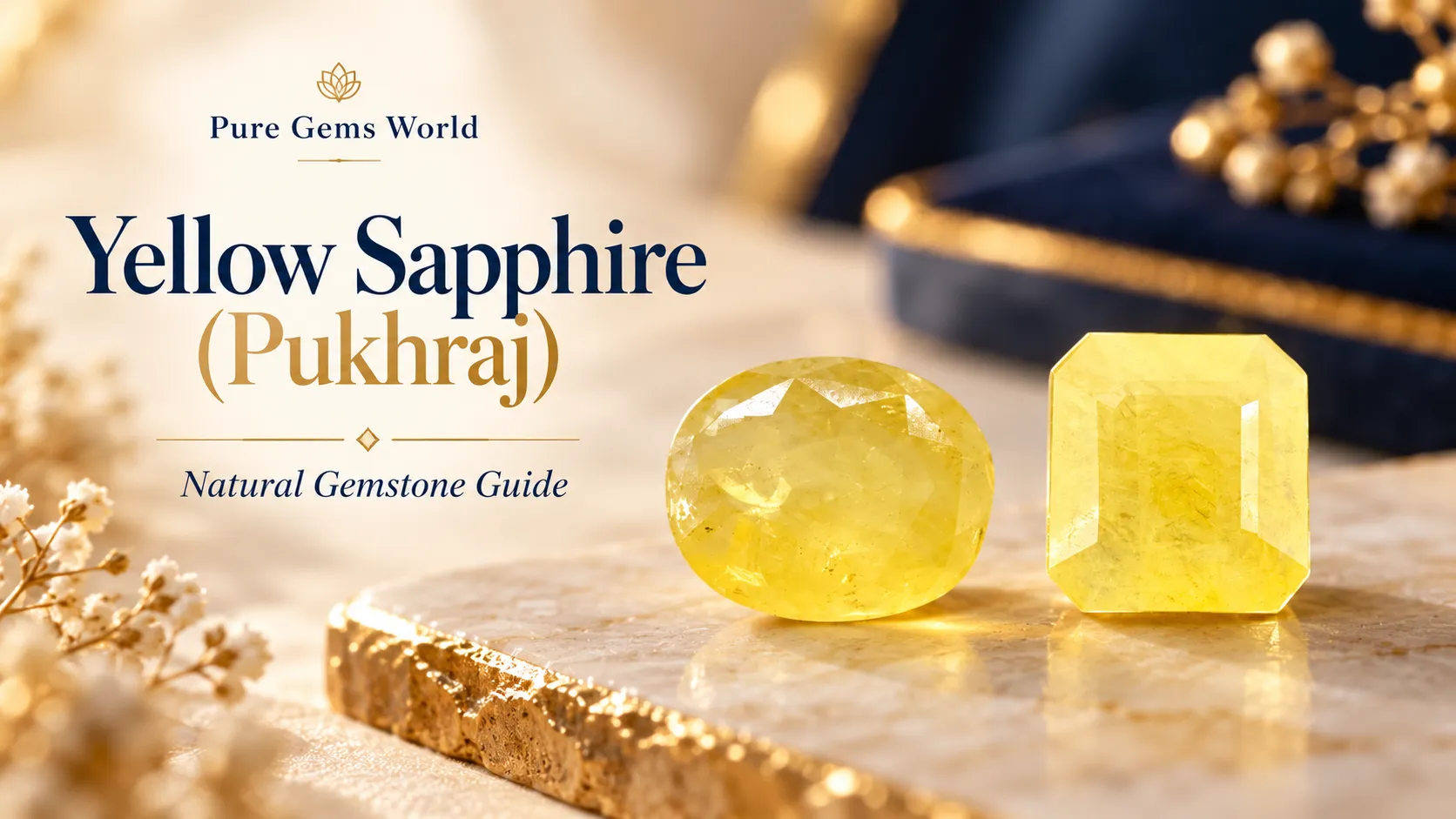Natural Yellow Sapphire (Pukhraj) gemstones in oval and emerald cuts – Pure Gems World gemstone buying and identification guide.