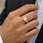 Victorian Charm Lab Grown Diamond Ring in Yellow Gold with 5 Carat Rectangular Centre Diamond, Vintage Leaf Engraving and Side Diamonds on Male Model Hand