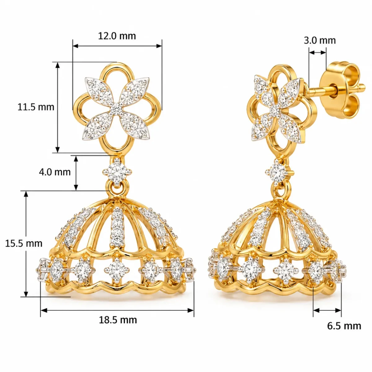 18K Gold Floral Lab Grown Diamond Jhumka Earrings for Women - Image 3