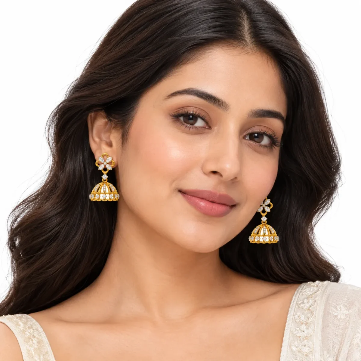 18K Gold Floral Lab Grown Diamond Jhumka Earrings for Women - Image 4