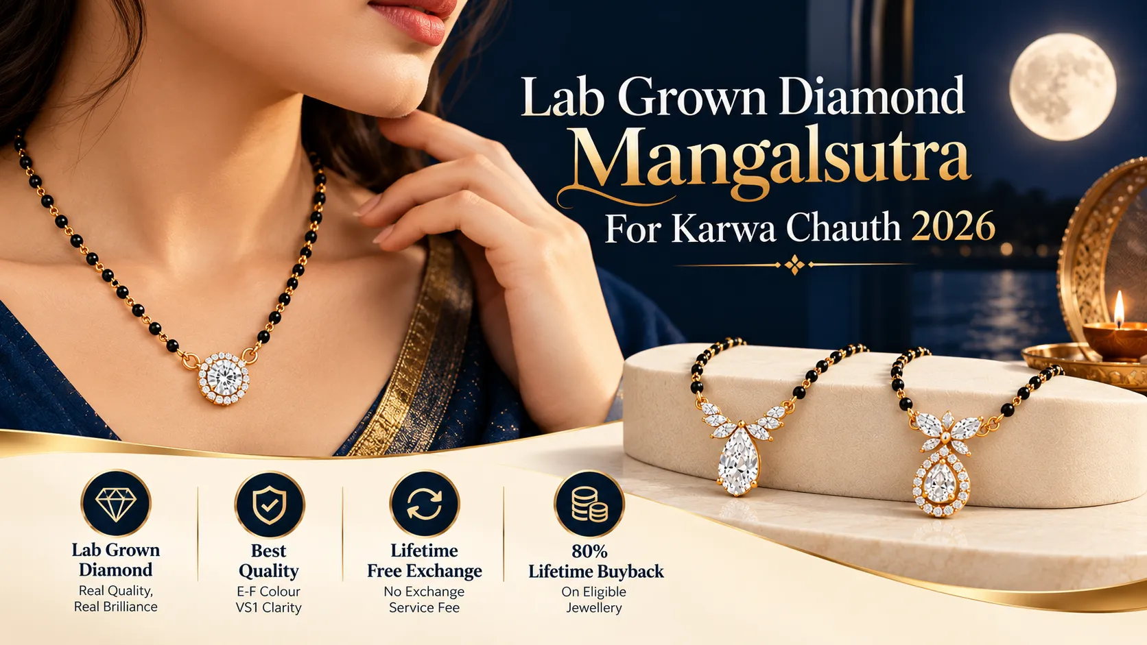 Lab grown diamond mangalsutra designs in gold with black beads, featuring elegant diamond pendants for Karwa Chauth 2026