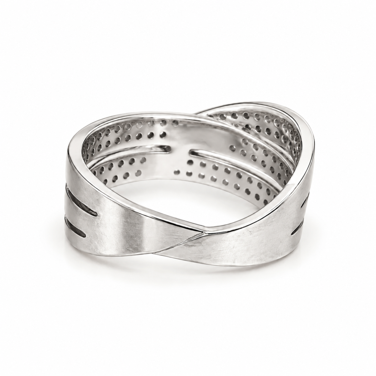 Back view of Infinity Moissanite Diamond Ring in 925 Sterling Silver showing smooth silver bands and the inner stone-setting structure.