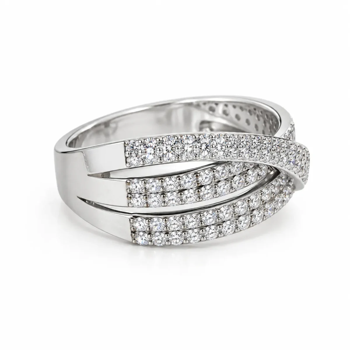 Infinity Moissanite Diamond Ring in 925 Sterling Silver featuring sparkling round-cut stones and an elegant crisscross design, side angle view.