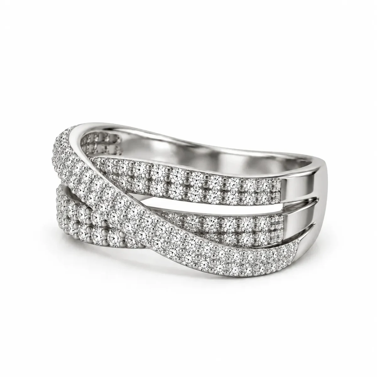 Opposite side angle of Infinity Moissanite Diamond Ring in 925 Sterling Silver showing pavé-set Moissanite stones and overlapping bands.