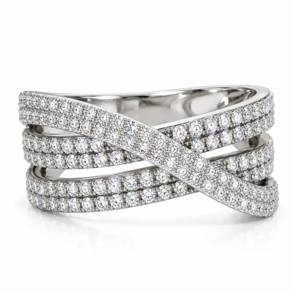 Front view of Infinity Moissanite Diamond Ring in 925 Sterling Silver featuring multiple rows of sparkling stones and a crisscross band design.