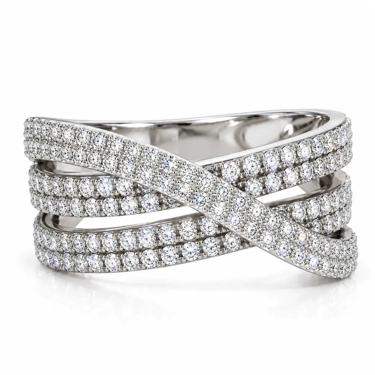 Infinity Moissanite Diamond Ring in 925 sterling silver (4) Front view of Infinity Moissanite Diamond Ring in 925 Sterling Silver featuring multiple rows of sparkling stones and a crisscross band design.