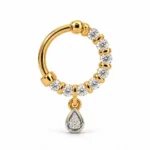 Luna Drop Lab Grown Diamond Nose Ring front view featuring round brilliant lab grown diamonds, yellow gold hoop and sparkling teardrop pendant.