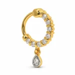 Angled front view of Luna Drop Lab Grown Diamond Nose Ring with sparkling round cut diamonds and pear-shaped dangling charm in yellow gold.