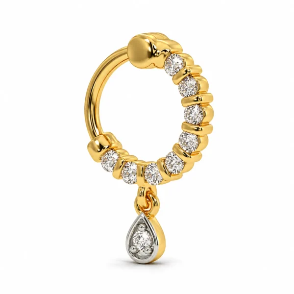 Angled front view of Luna Drop Lab Grown Diamond Nose Ring with sparkling round cut diamonds and pear-shaped dangling charm in yellow gold.