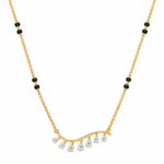 18K Gold Curved Drop Lab Grown Diamond Mangalsutra with Curved Gold Bar, Seven Dangling Pear-Shaped Diamonds and Traditional Black Beads
