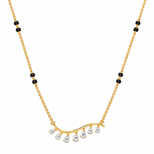 18K Gold Curved Drop Lab Grown Diamond Mangalsutra with Curved Gold Bar, Seven Dangling Pear-Shaped Diamonds and Traditional Black Beads
