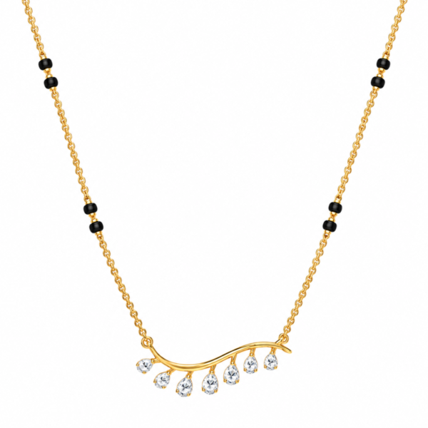 18K Gold Curved Drop Lab Grown Diamond Mangalsutra with Curved Gold Bar, Seven Dangling Pear-Shaped Diamonds and Traditional Black Beads