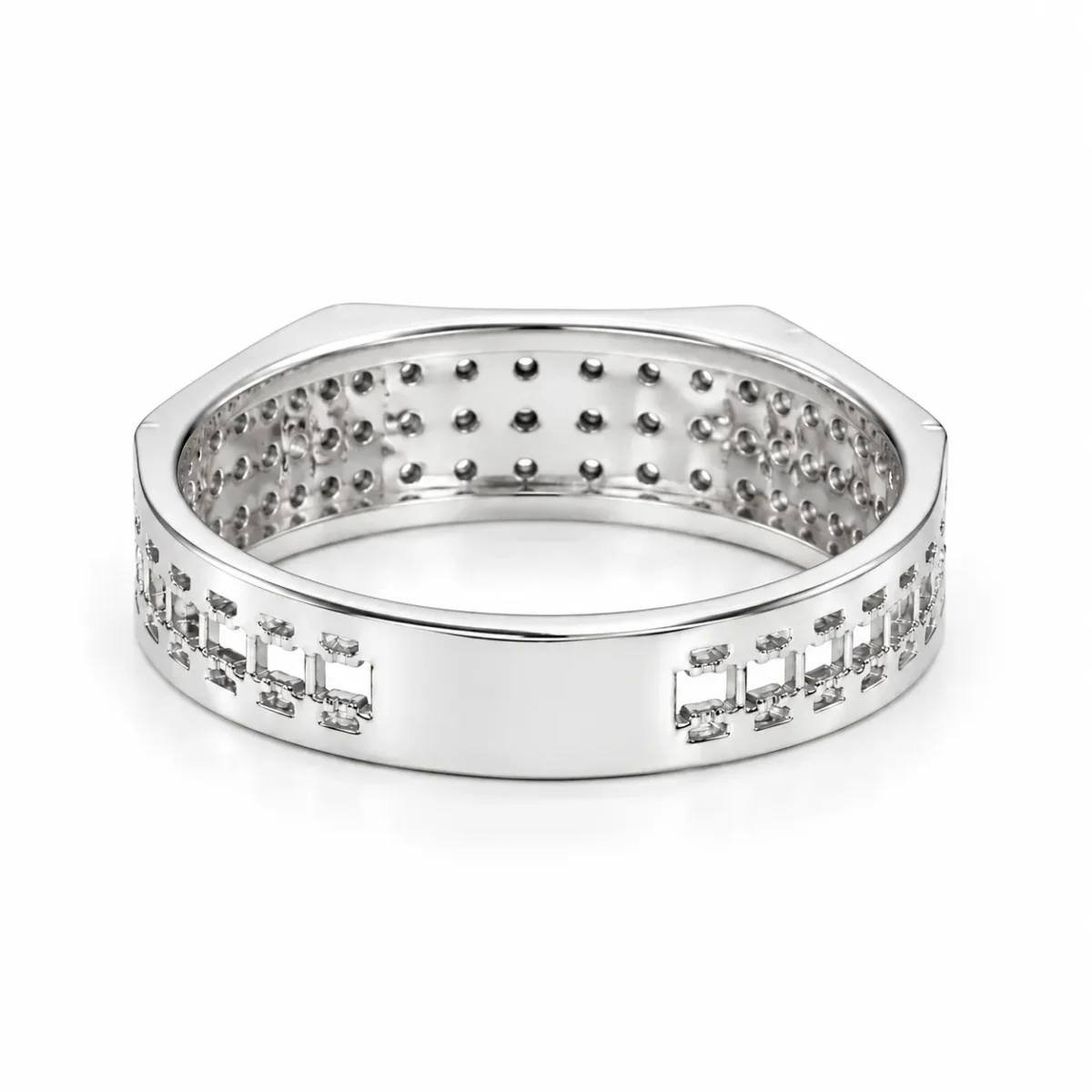 Back view of Royal Matrix Moissanite Diamond Men's Ring in 925 Sterling Silver highlighting the polished inner band, openwork structure, and geometric cutout detailing.