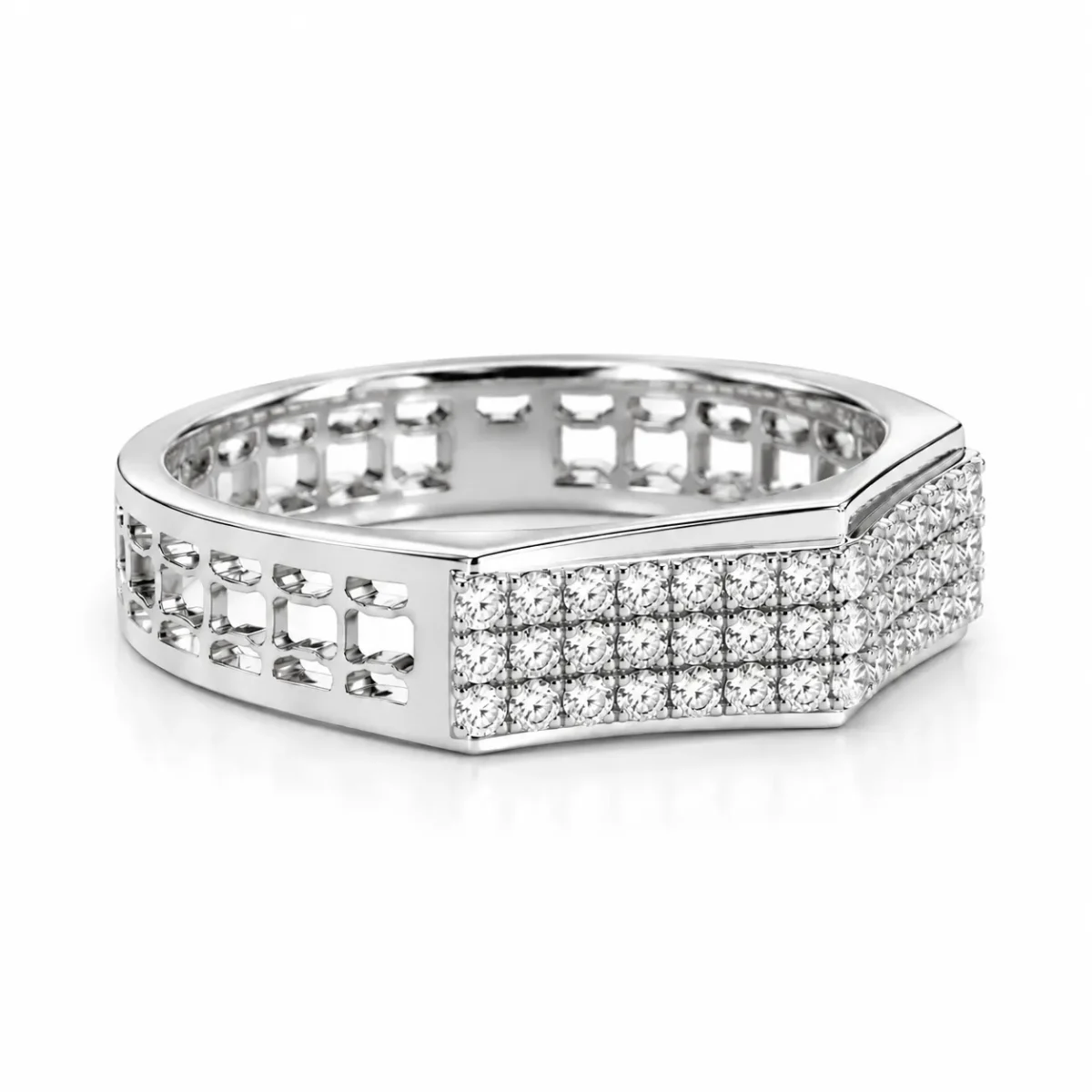 Right side view of Royal Matrix Moissanite Diamond Men's Ring in 925 Sterling Silver showing three rows of sparkling stones and geometric openwork detailing.