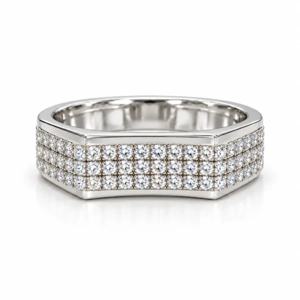 Royal Matrix Moissanite Diamond Men's Ring in 925 Sterling Silver featuring three rows of sparkling round-cut Moissanite stones and a bold geometric band.