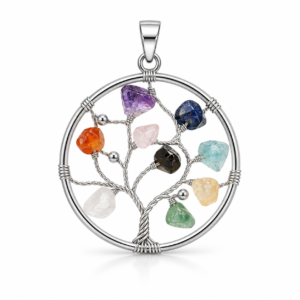 Multicolored Silver Tree of Life Pendant with natural gemstone chips and seven chakra inspired crystal design on white background.