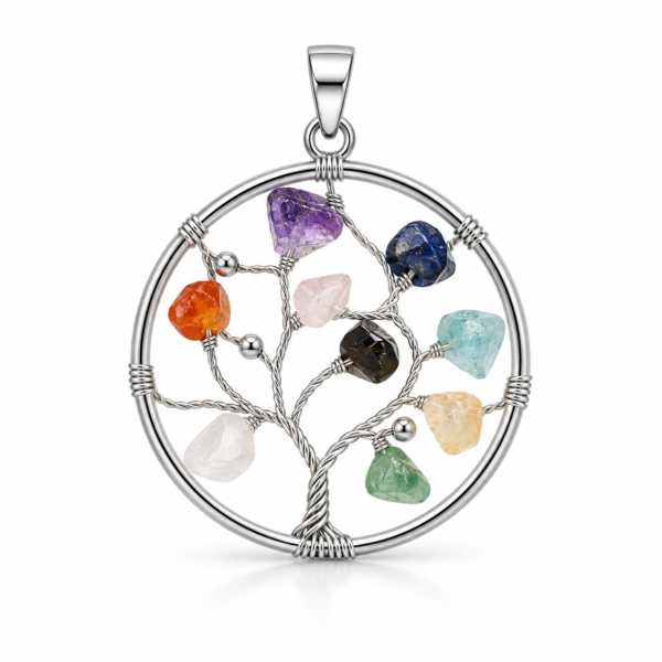 Multicolored Silver Tree of Life Pendant with natural gemstone chips and seven chakra inspired crystal design on white background.