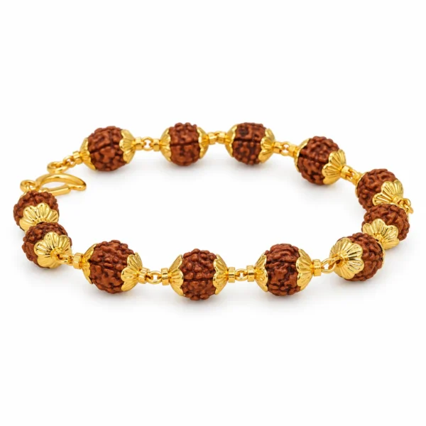 Natural 5 Mukhi Rudraksha Bracelet featuring traditional brown Panch Mukhi Rudraksha beads with elegant gold-tone accents, designed as spiritual beaded jewellery.