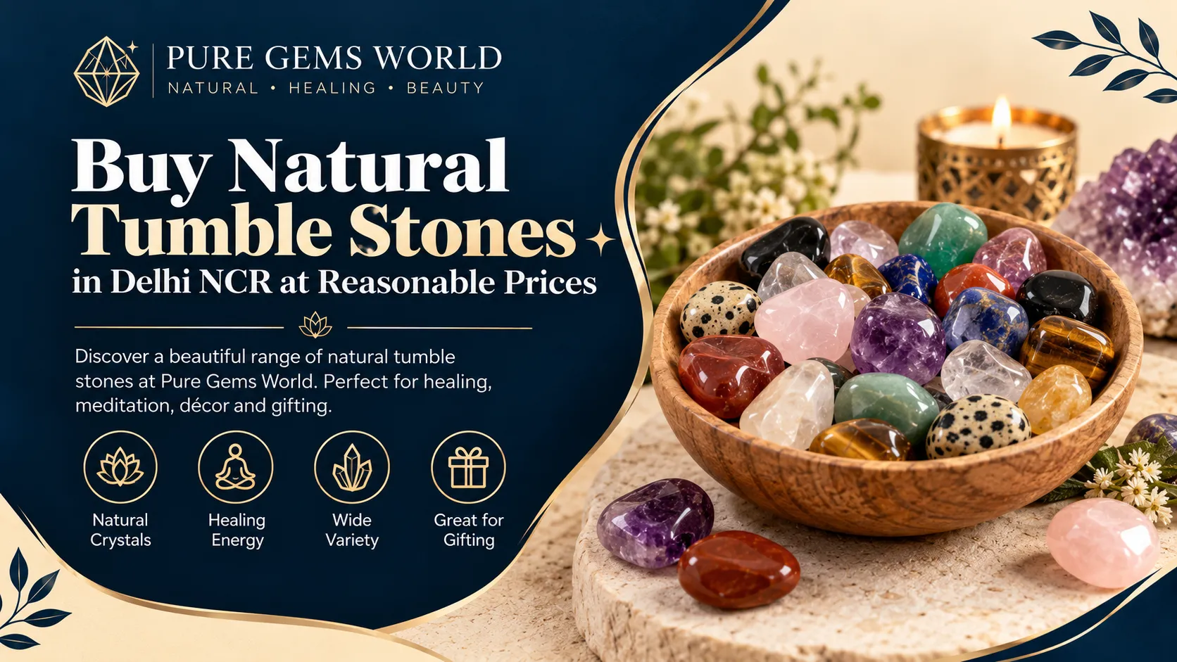 Natural tumble stones and polished healing crystals available at reasonable prices at Pure Gems World in Delhi NCR.