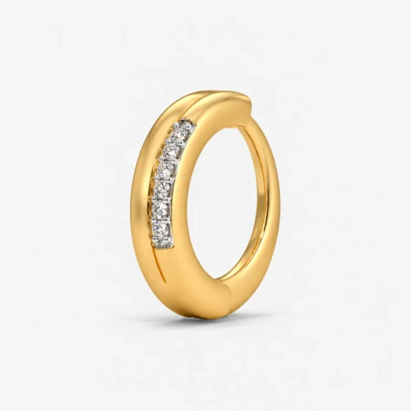 Side view of Nova Line Lab Grown Diamond Nose Ring showing its polished yellow gold hoop and diamond setting.