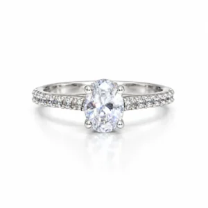 Front view of Olivia oval solitaire moissanite diamond ring in 925 sterling silver with pavé side stones.