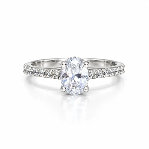 Front view of Olivia oval solitaire moissanite diamond ring in 925 sterling silver with pavé side stones.