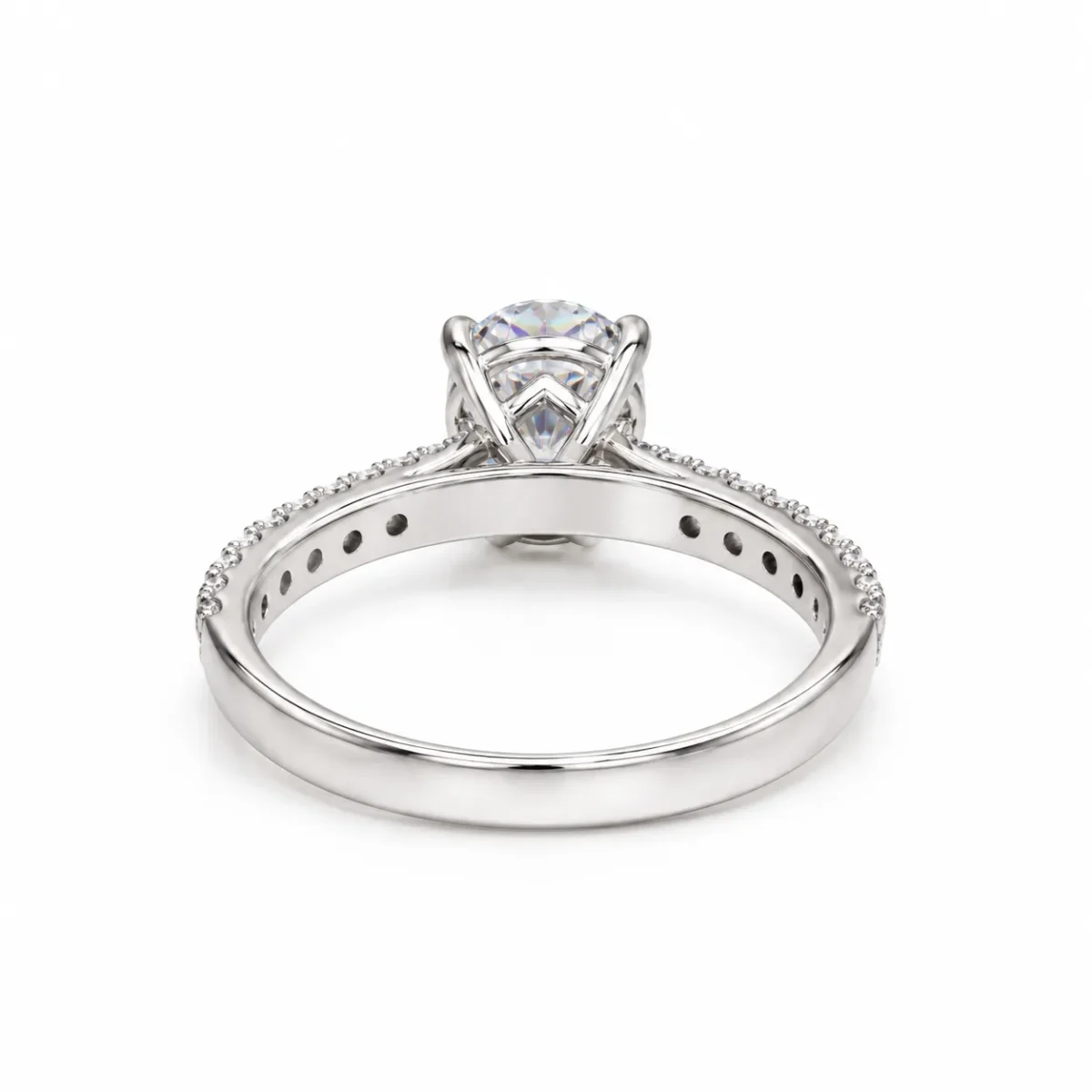 Backside of Olivia oval moissanite silver ring showing the open gallery, prong setting and inner pavé band.