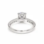 Backside of Olivia oval moissanite silver ring showing the open gallery, prong setting and inner pavé band.