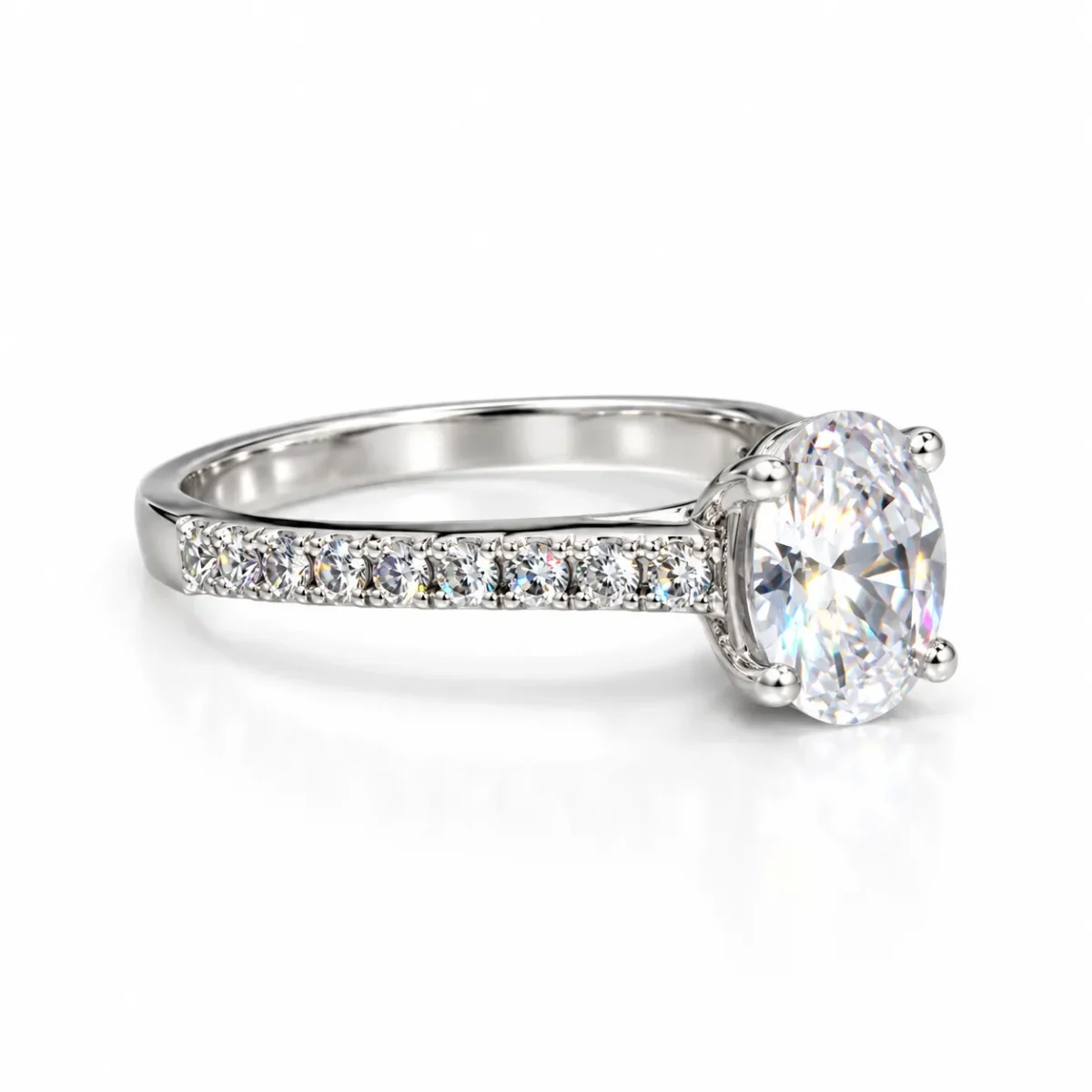Right side view of Olivia oval solitaire moissanite diamond ring with sparkling pavé stones in 925 sterling silver.