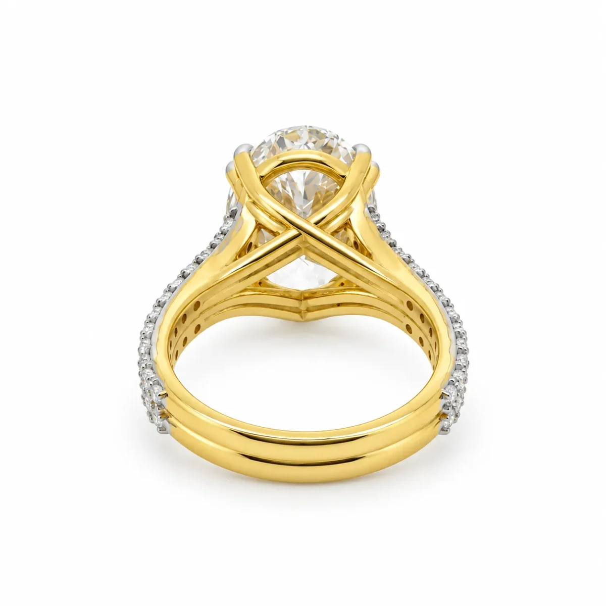 Opulent Oval Lab Grown Diamond Ring back view featuring yellow gold split shank and diamond-studded sides.
