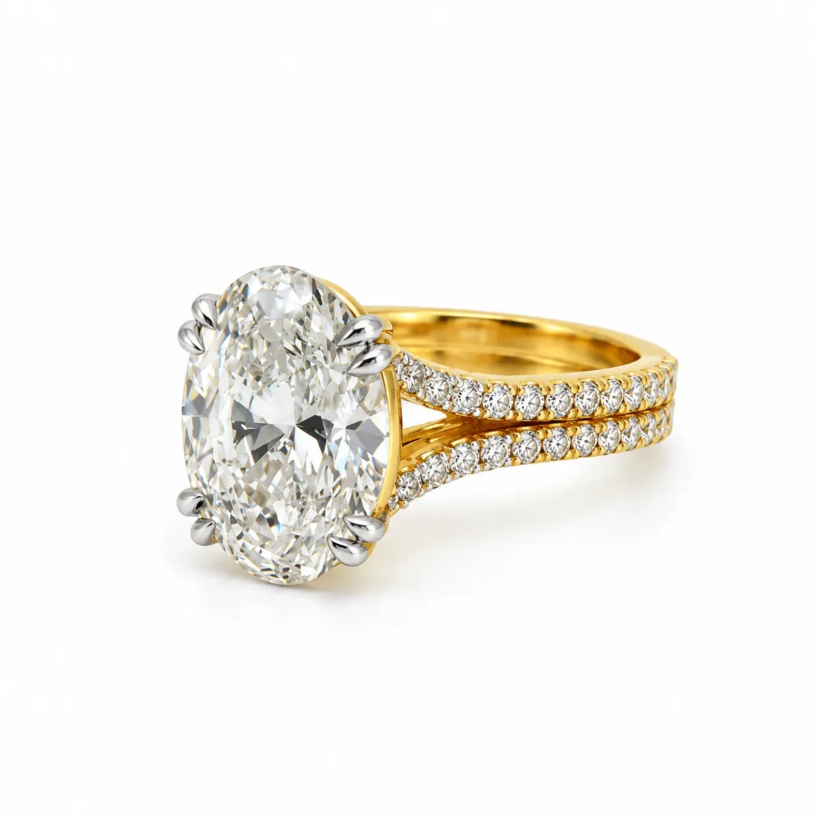 Opulent Oval Lab Grown Diamond Ring side angle with oval centre diamond, yellow gold split shank and sparkling side diamonds.