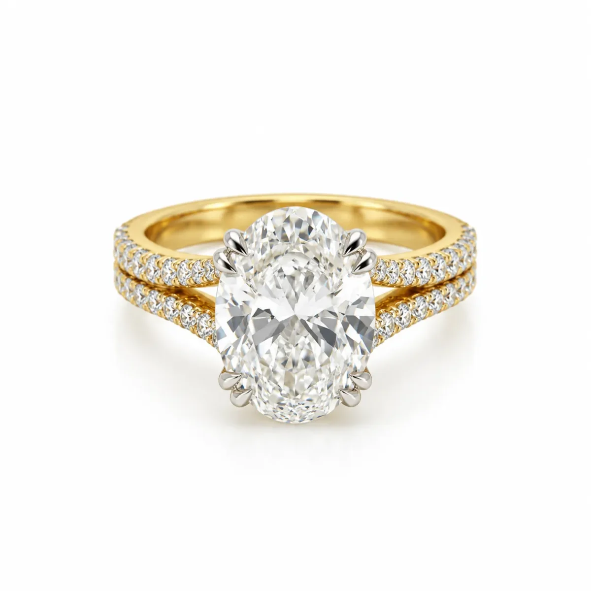 Opulent Oval Lab Grown Diamond Ring front view with large oval-cut centre diamond and double-row diamond-studded yellow gold band.