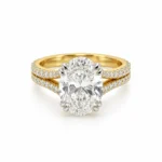 Opulent Oval Lab Grown Diamond Ring front view with large oval-cut centre diamond and double-row diamond-studded yellow gold band.