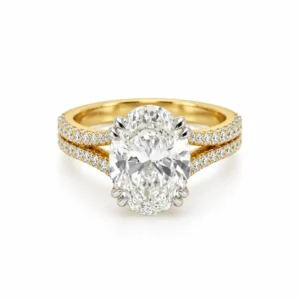 Opulent Oval Lab Grown Diamond Ring front view with large oval-cut centre diamond and double-row diamond-studded yellow gold band.